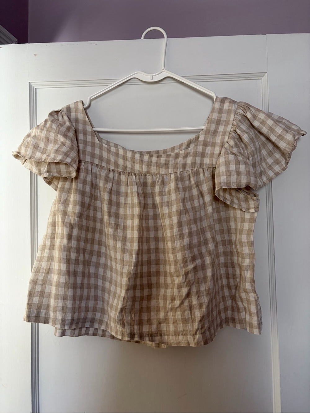 Beige Gingham Square-Neck Puff Sleeve Top